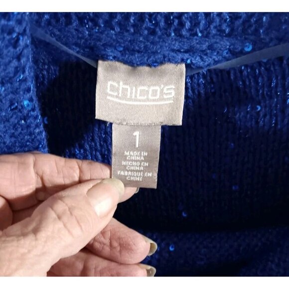 Chicos Sz 1/M Ladies‎ Cowl Neck Sweater Blue Sequined 3/4 Sleeves Knit - Picture 2 of 5